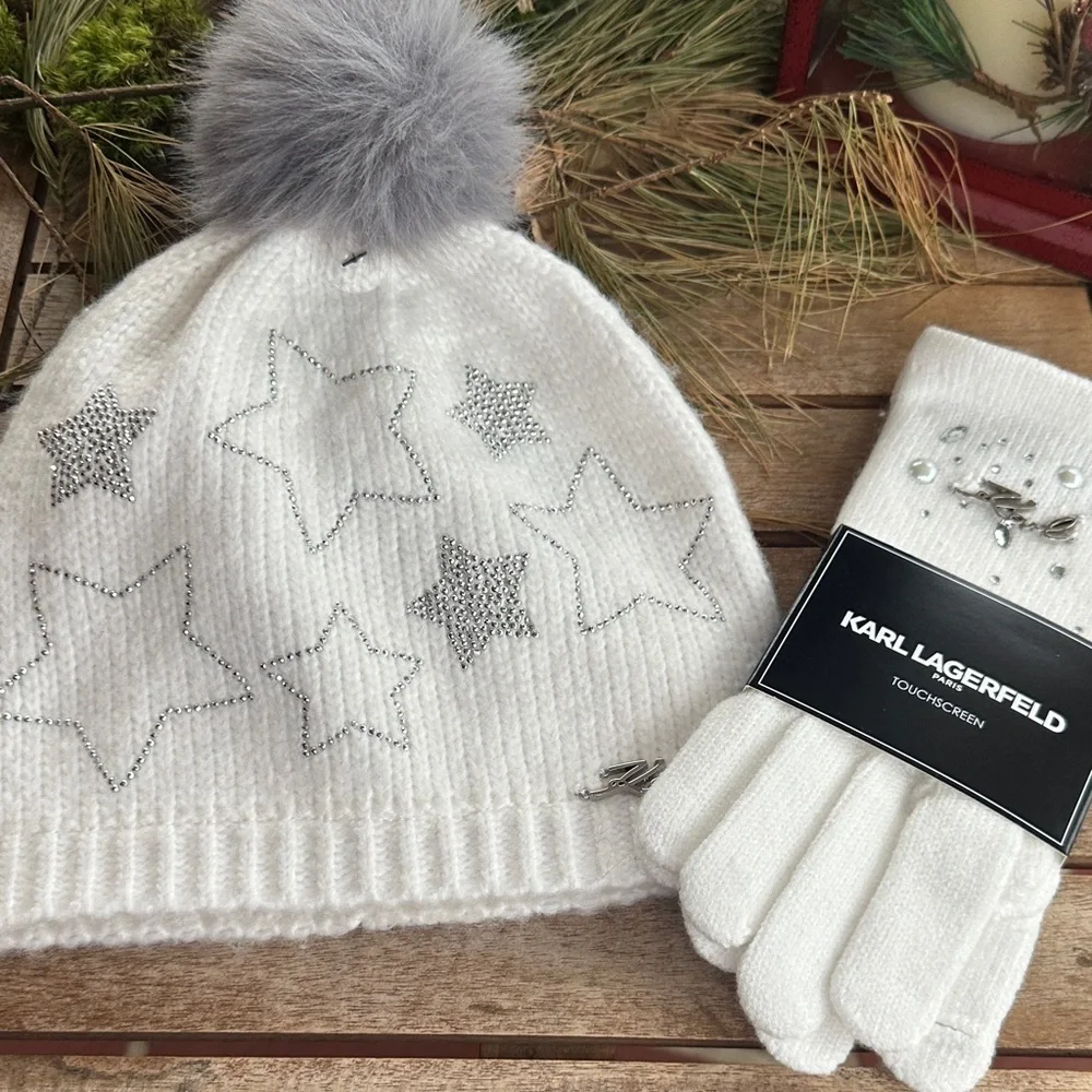 Karl Lagerfeld ivory and silver hat and gloves set